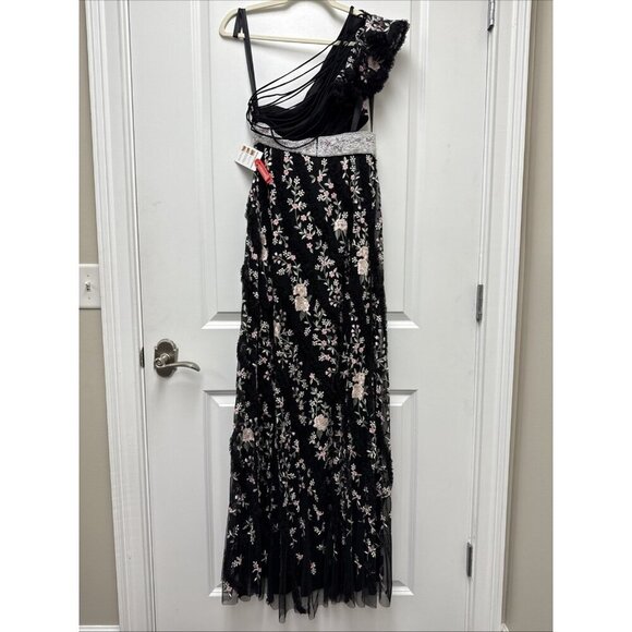 New Mac Duggal Size 4 Black Floral Embroidered Ruffle One Shoulder Lace Up Gown - Picture 8 of 11